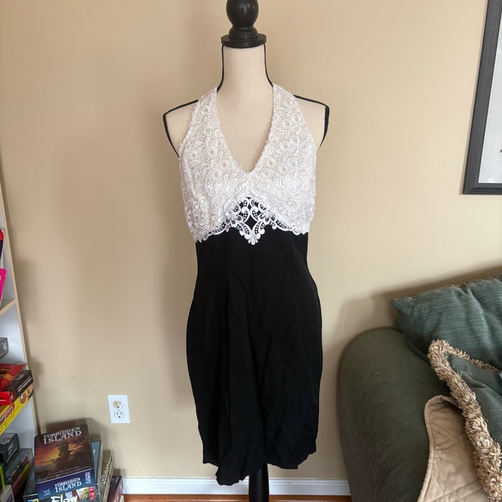 Vintage Scott McClintock black halter dress with a white lace bodice.